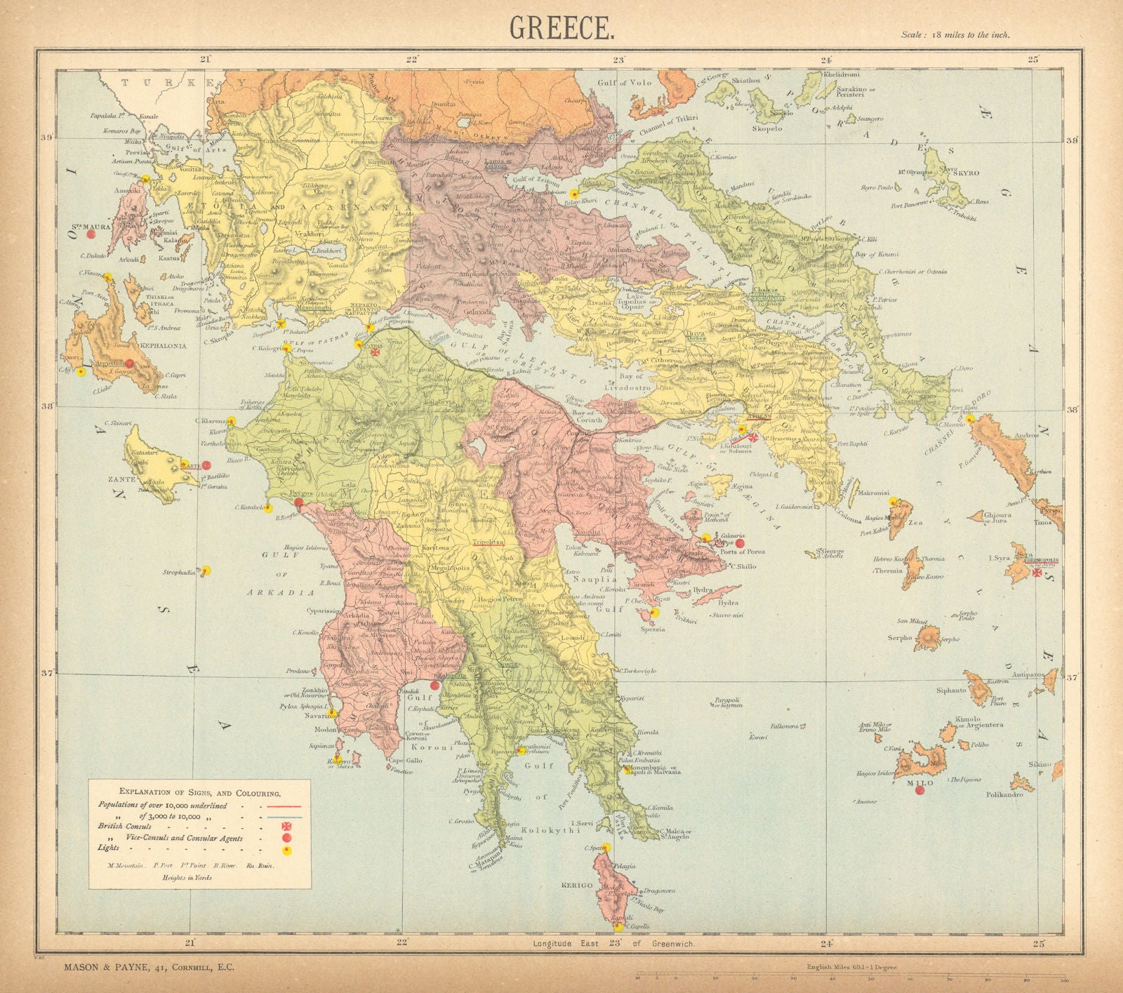 SOUTHERN GREECE. Cyclades Ionian. Lighthouses. British Consuls. LETTS 1892 map